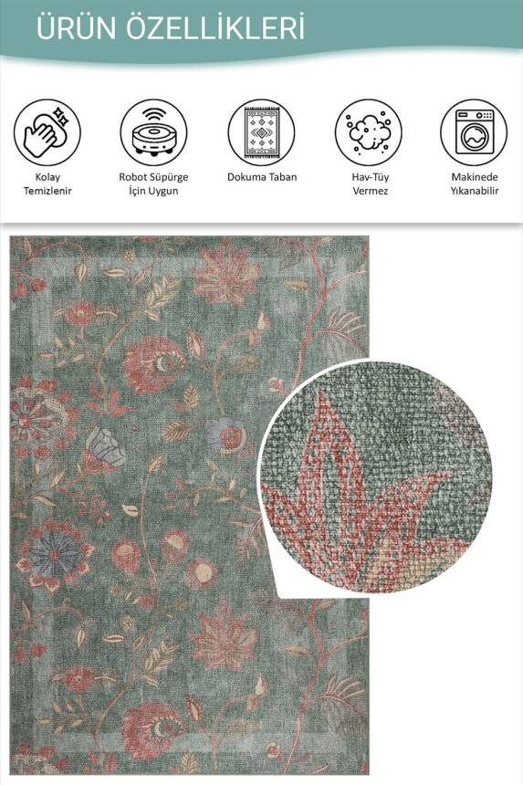 Florart Yeşil Çiçek Desenli Dokuma Tabanlı Modern Şönil Halı AL 544 - 5