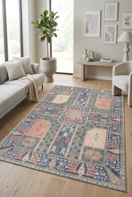 Florart Yeşil Çiçek Desenli Dokuma Tabanlı Modern Şönil Halı AL 551 - Artloop - Florart Halı Koleksiyonu