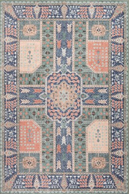 Florart Yeşil Çiçek Desenli Dokuma Tabanlı Modern Şönil Halı AL 551 - 2