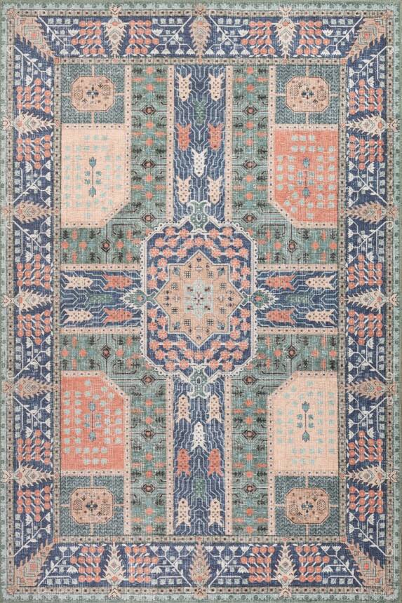Florart Yeşil Çiçek Desenli Dokuma Tabanlı Modern Şönil Halı AL 551 - 2
