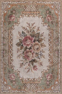 Florart Yeşil Krem Vintage Floral Goblen Gül Desenli Dokuma Tabanlı Şönil Halı AL 606 - Artloop - Yeşil Halılar