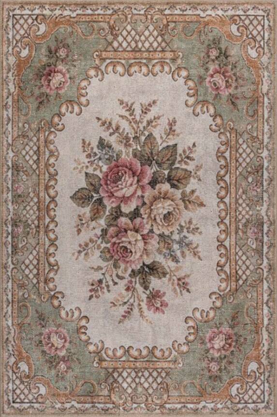 Florart Yeşil Krem Vintage Floral Goblen Gül Desenli Dokuma Tabanlı Şönil Halı AL 606 - 1