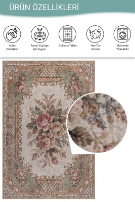 Florart Yeşil Krem Vintage Floral Goblen Gül Desenli Dokuma Tabanlı Şönil Halı AL 606 - 5