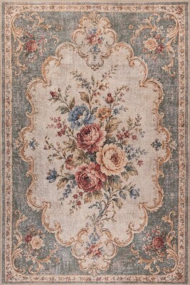 Florart Yeşil Krem Vintage Floral Goblen Gül Desenli Dokuma Tabanlı Şönil Halı AL 618 - Artloop - Krem Halılar