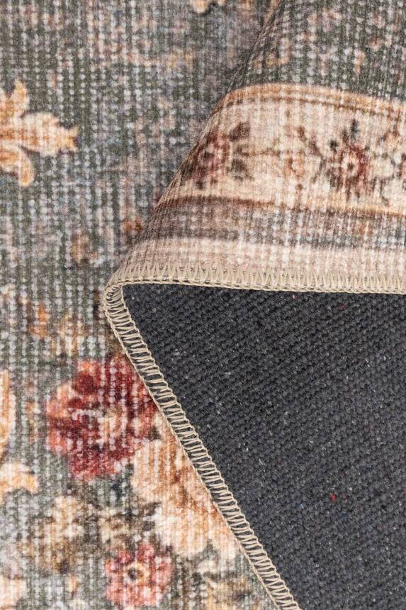 Florart Yeşil Krem Vintage Floral Goblen Gül Desenli Dokuma Tabanlı Şönil Halı AL 618 - 3