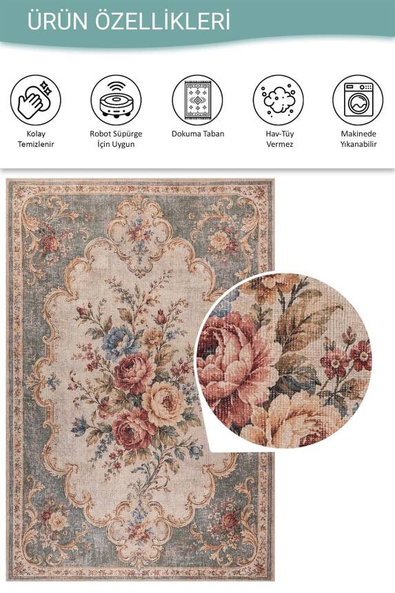 Florart Yeşil Krem Vintage Floral Goblen Gül Desenli Dokuma Tabanlı Şönil Halı AL 618 - 5