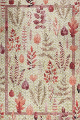 Florart Yeşil/ Tarçın Renkli Çiçek Desenli Dokuma Tabanlı Modern Şönil Halı AL 541 - 2