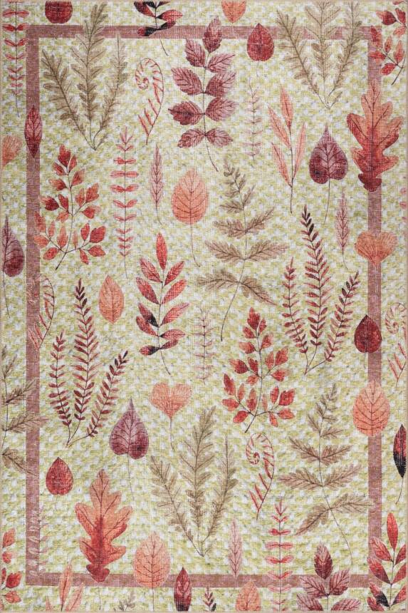Florart Yeşil/ Tarçın Renkli Çiçek Desenli Dokuma Tabanlı Modern Şönil Halı AL 541 - 2