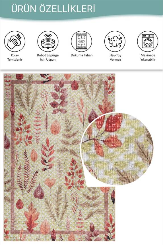 Florart Yeşil/ Tarçın Renkli Çiçek Desenli Dokuma Tabanlı Modern Şönil Halı AL 541 - 5