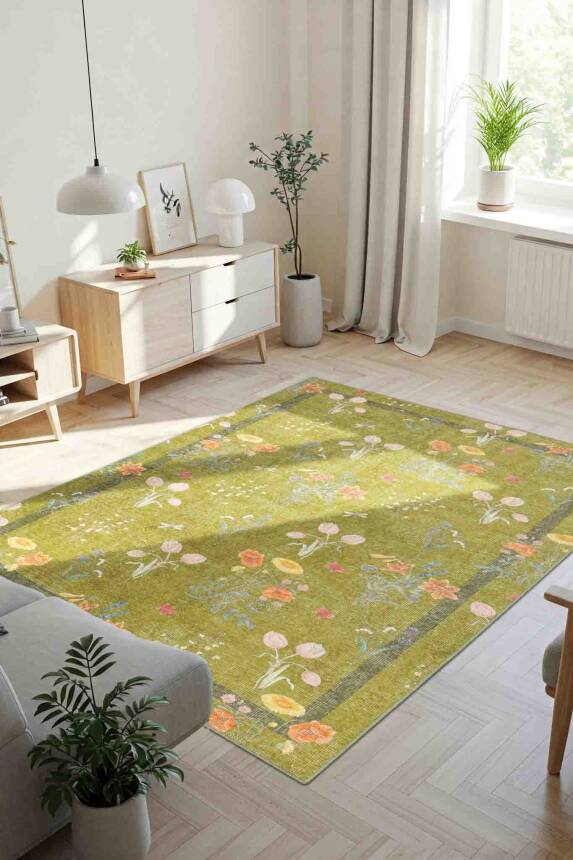 Florart Yeşil / Turuncu Çiçek Desenli Dokuma Tabanlı Modern Şönil Halı AL 482 - 1