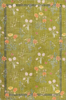 Florart Yeşil / Turuncu Çiçek Desenli Dokuma Tabanlı Modern Şönil Halı AL 482 - 2