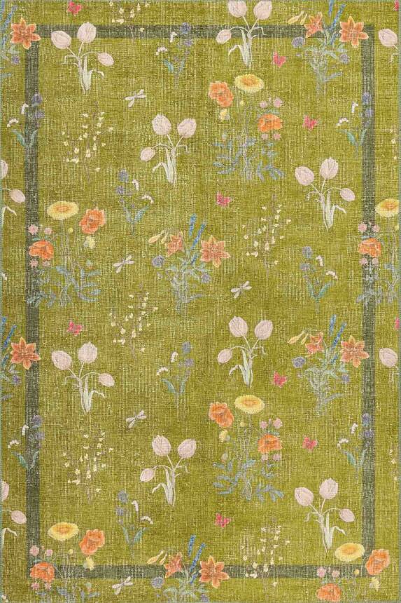 Florart Yeşil / Turuncu Çiçek Desenli Dokuma Tabanlı Modern Şönil Halı AL 482 - 2