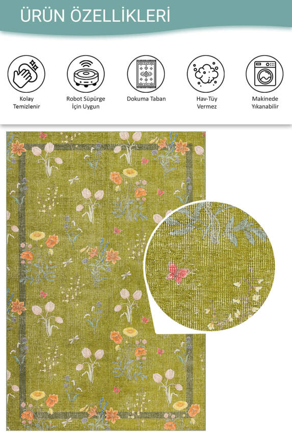 Florart Yeşil / Turuncu Çiçek Desenli Dokuma Tabanlı Modern Şönil Halı AL 482 - 4