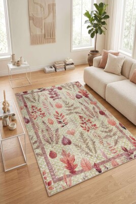 Florart Yeşil/ Tarçın Renkli Çiçek Desenli Dokuma Tabanlı Modern Şönil Halı AL 541 - Artloop - Florart Halı Koleksiyonu