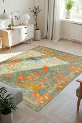 Florart Zeytin Yeşili / Turuncu Doğa Temalı Çiçekli Dokuma Tabanlı Modern Şönil Halı AL 483 - Artloop
