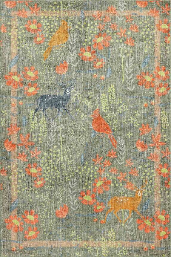 Florart Zeytin Yeşili / Turuncu Doğa Temalı Çiçekli Dokuma Tabanlı Modern Şönil Halı AL 483 - 2