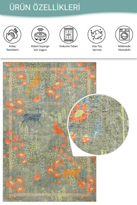 Florart Zeytin Yeşili / Turuncu Doğa Temalı Çiçekli Dokuma Tabanlı Modern Şönil Halı AL 483 - 4