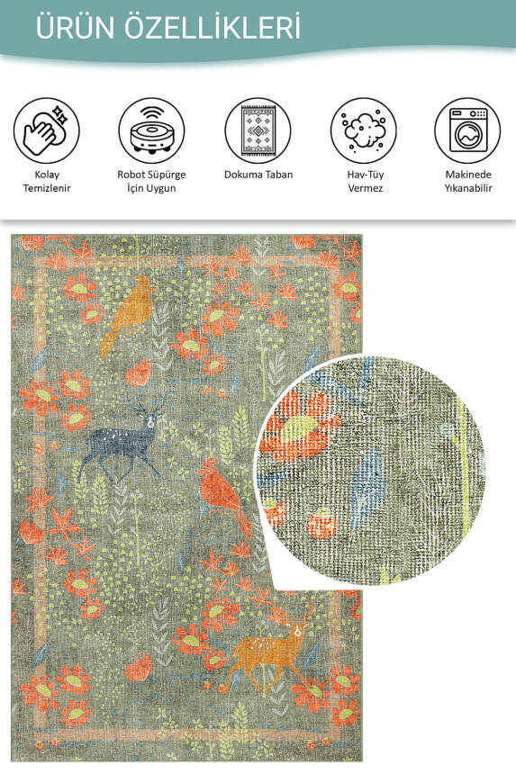 Florart Zeytin Yeşili / Turuncu Doğa Temalı Çiçekli Dokuma Tabanlı Modern Şönil Halı AL 483 - 4