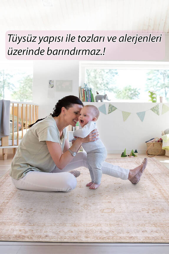Folk Eskitme Desenli Dokuma Taban Dekoratif Bej Halı BA 22 - 8