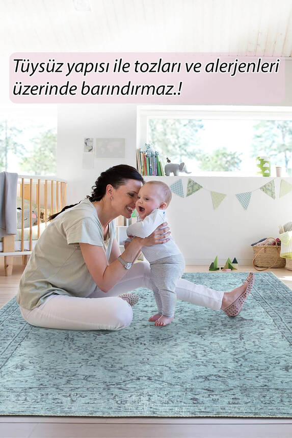 Folk Eskitme Desenli Dokuma Taban Dekoratif Turkuaz Halı BA 23 - 8