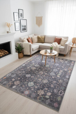 Outlet 230x230 Kare Folk Etnik Desenli Dokuma Taban Dekoratif Gri Halı BA-19 - 1