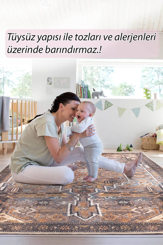 Folk Etnik Desenli Dokuma Taban Dekoratif Kahverengi Halı BA 01 - 7