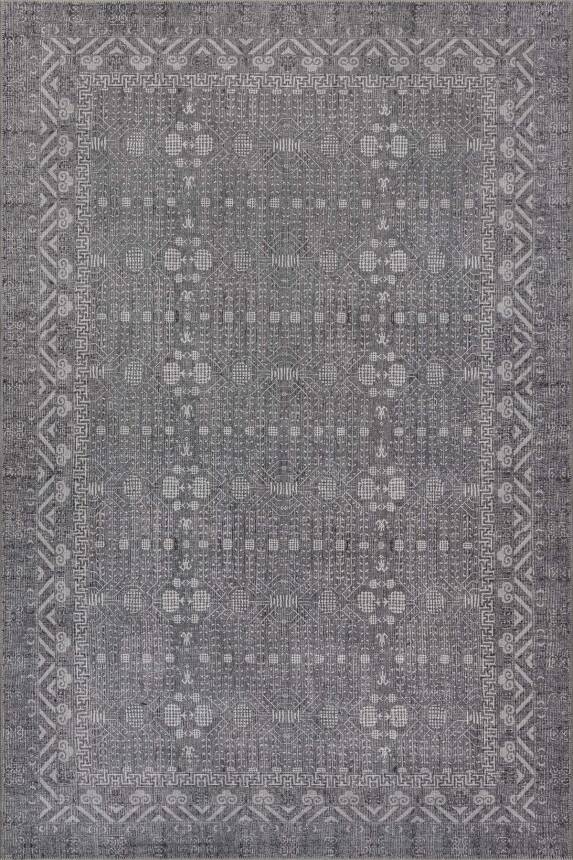 Folk Gri Antrasit Minimal Etnik Geometrik Desenli Dokuma Tabanlı Şönil Halı AL 554 - 1