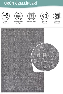 Folk Gri Antrasit Minimal Etnik Geometrik Desenli Dokuma Tabanlı Şönil Halı AL 554 - 5