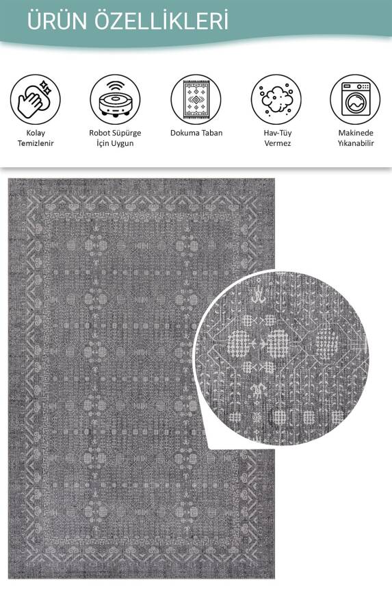 Folk Gri Antrasit Minimal Etnik Geometrik Desenli Dokuma Tabanlı Şönil Halı AL 554 - 5