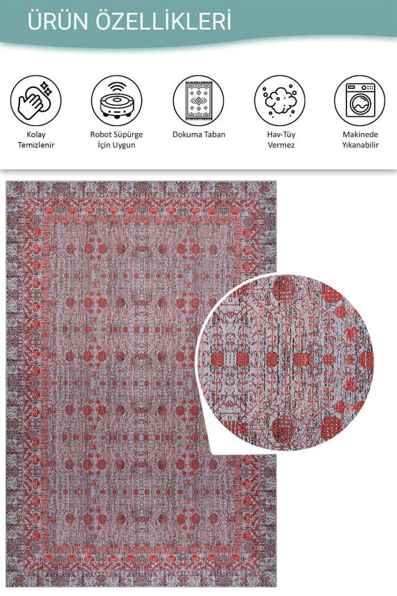 Folk Gri Minimal Etnik Geometrik Desenli Dokuma Tabanlı Şönil Halı AL 596 - 5