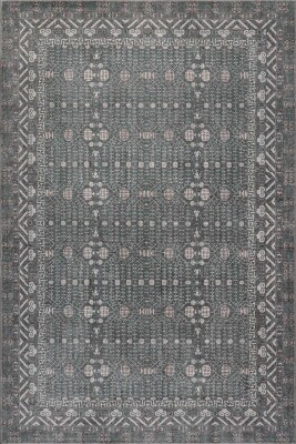 Folk Gri Yeşil Vintage Etnik Geometrik Desenli Dokuma Tabanlı Şönil Halı AL 622 - Artloop - Folk Halı Koleksiyonu