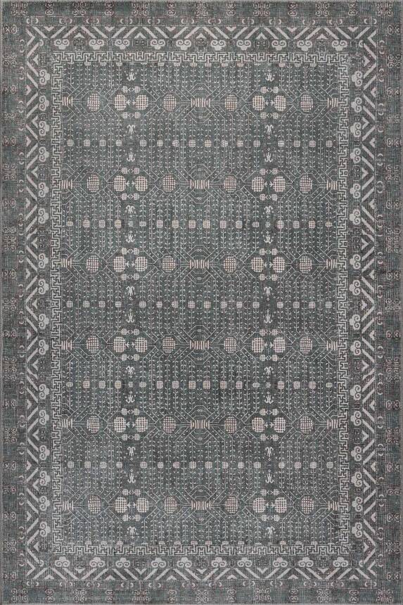 Folk Gri Yeşil Vintage Etnik Geometrik Desenli Dokuma Tabanlı Şönil Halı AL 622 - 1