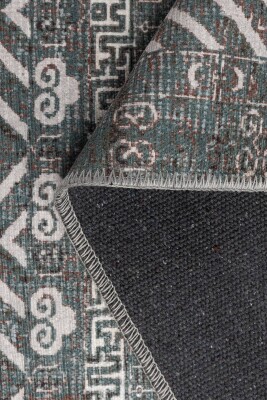 Folk Gri Yeşil Vintage Etnik Geometrik Desenli Dokuma Tabanlı Şönil Halı AL 622 - 3