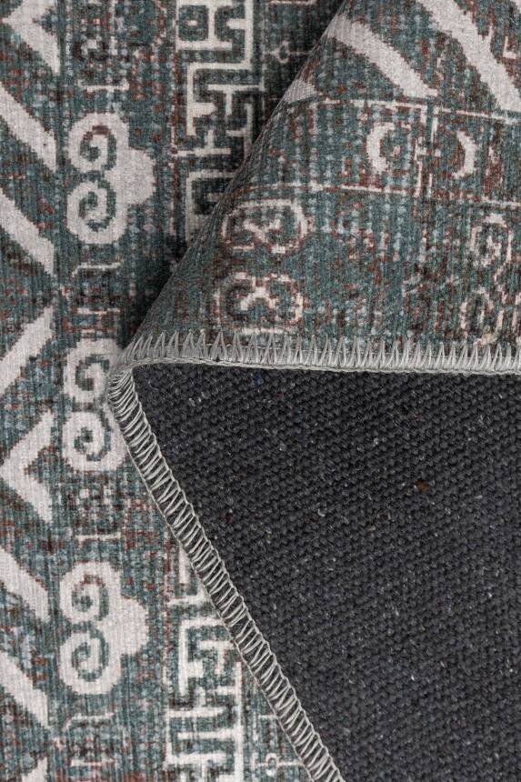 Folk Gri Yeşil Vintage Etnik Geometrik Desenli Dokuma Tabanlı Şönil Halı AL 622 - 3
