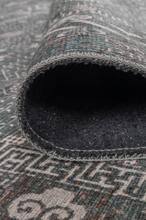Folk Gri Yeşil Vintage Etnik Geometrik Desenli Dokuma Tabanlı Şönil Halı AL 622 - 4