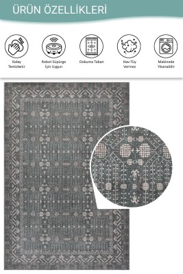 Folk Gri Yeşil Vintage Etnik Geometrik Desenli Dokuma Tabanlı Şönil Halı AL 622 - 5