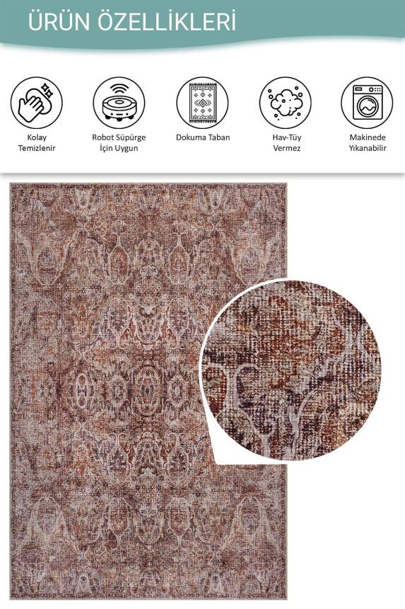 Folk Kahverengi Vintage Klasik Madalyon Desenli Dokuma Tabanlı Şönil Halı AL 594 - 5