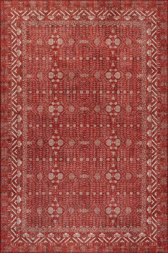 Folk Kırmızı Minimal Etnik Geometrik Desenli Dokuma Tabanlı Şönil Halı AL 575 - 1