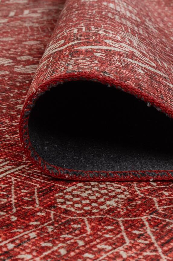 Folk Kırmızı Minimal Etnik Geometrik Desenli Dokuma Tabanlı Şönil Halı AL 575 - 4