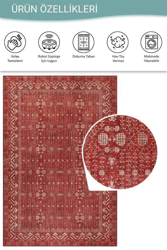 Folk Kırmızı Minimal Etnik Geometrik Desenli Dokuma Tabanlı Şönil Halı AL 575 - 5