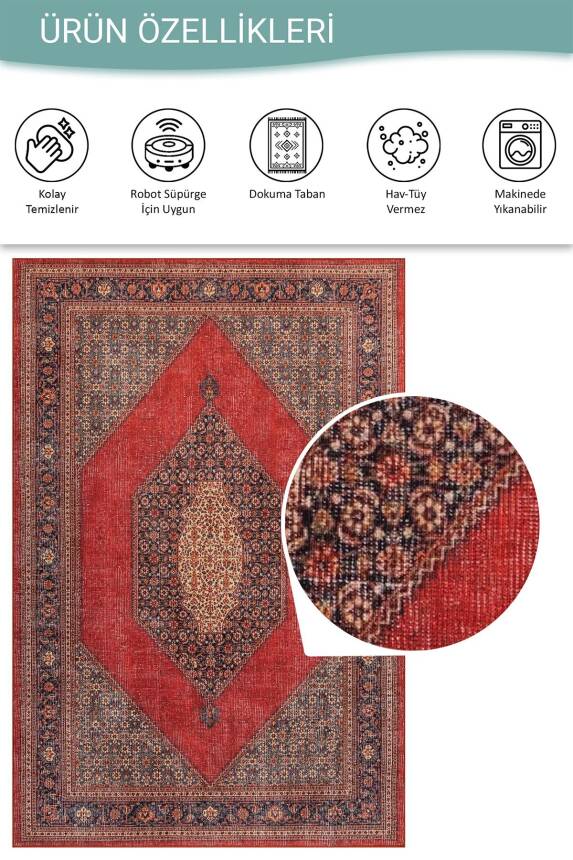 Folk Kırmızı Vintage Etnik Madalyonlu Klasik Desenli Dokuma Tabanlı Şönil Halı AL 620 - 5