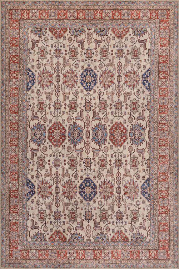 Folk Krem Kiremit Vintage Etnik Geometrik Desenli Dokuma Tabanlı Şönil Halı AL 593 - 1