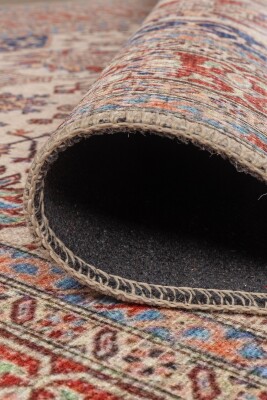 Folk Krem Kiremit Vintage Etnik Geometrik Desenli Dokuma Tabanlı Şönil Halı AL 593 - 4
