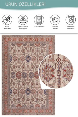 Folk Krem Kiremit Vintage Etnik Geometrik Desenli Dokuma Tabanlı Şönil Halı AL 593 - 5
