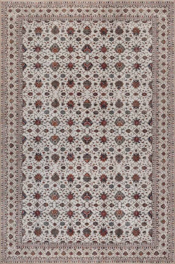 Folk Krem Vintage Çiçek Motifli Klasik Desenli Dokuma Tabanlı Şönil Halı AL 577 - 1