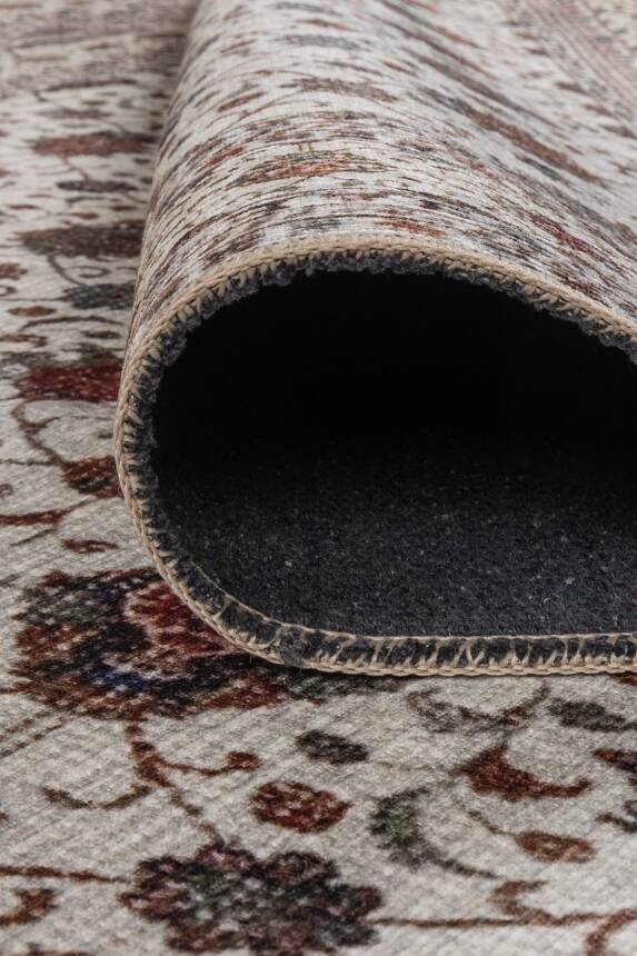 Folk Krem Vintage Çiçek Motifli Klasik Desenli Dokuma Tabanlı Şönil Halı AL 577 - 4