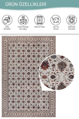 Folk Krem Vintage Çiçek Motifli Klasik Desenli Dokuma Tabanlı Şönil Halı AL 577 - 5