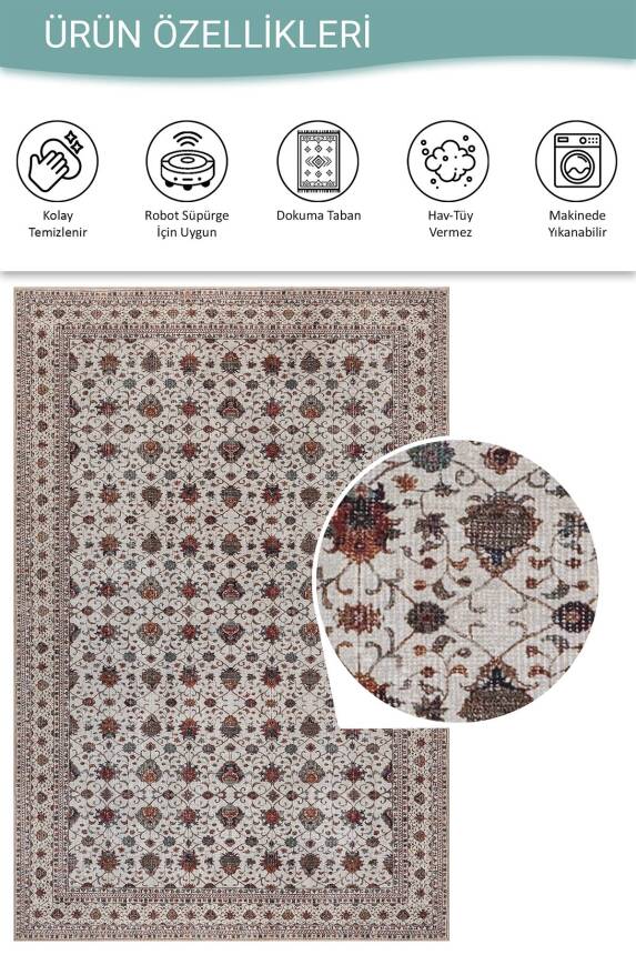 Folk Krem Vintage Çiçek Motifli Klasik Desenli Dokuma Tabanlı Şönil Halı AL 577 - 5
