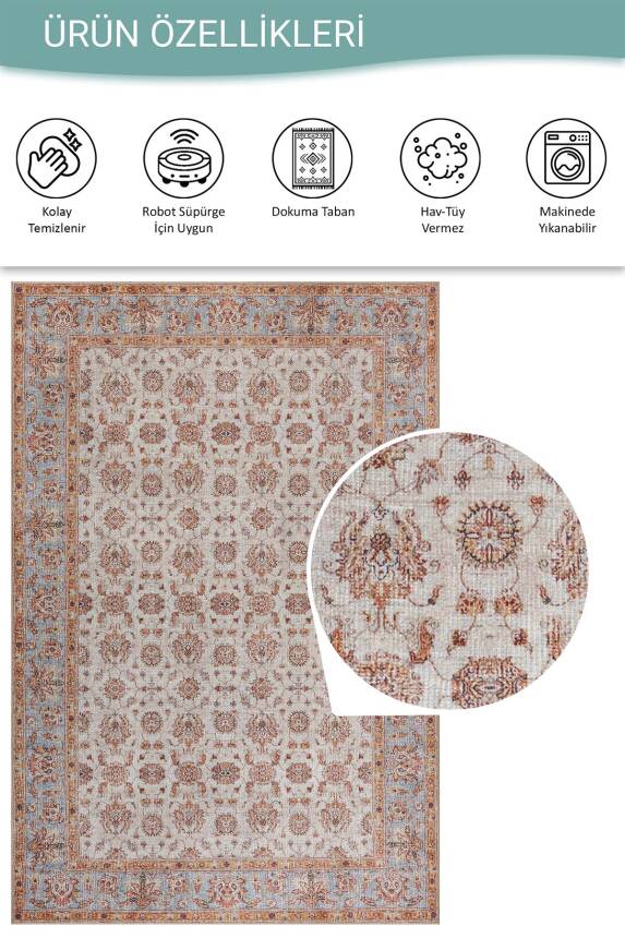 Folk Krem Vintage Çiçek Motifli Klasik Desenli Dokuma Tabanlı Şönil Halı AL 582 - 5