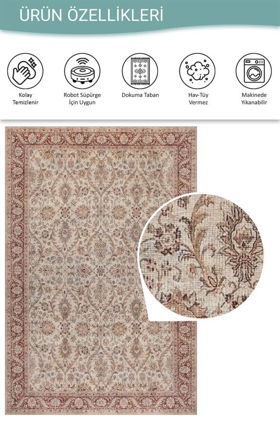 Folk Krem Vintage Çiçek Motifli Klasik Desenli Dokuma Tabanlı Şönil Halı AL 583 - 5
